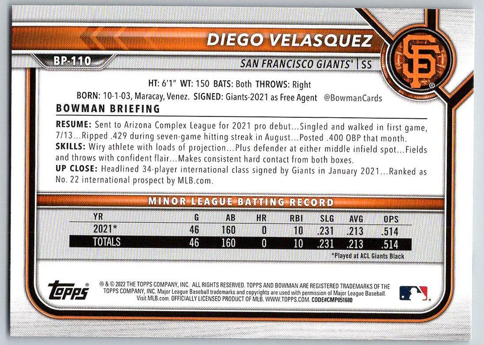 Diego Velasquez 2022 Bowman Prospects # BP-110 1st Bowman San Francisco Giants - Collectible Craze America