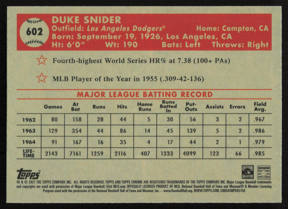 Duke Snider 2021 Topps Chrome Platinum Anniversary # 602 Aqua Wave Los Angeles Dodgers - Collectible Craze America