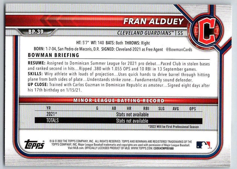 Fran Alduey 2022 Bowman Prospects # BP-39 1st Bowman Cleveland Guardians - Collectible Craze America