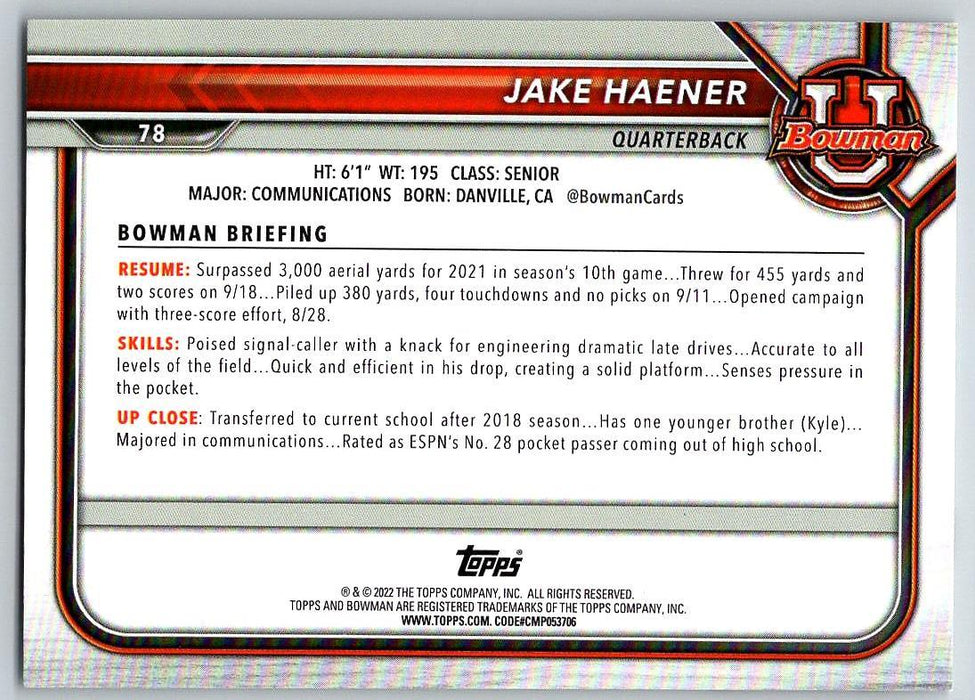 Jake Haener 2021 Bowman University Football # 78 Fresno State Bulldogs 1st Bowman - Collectible Craze America
