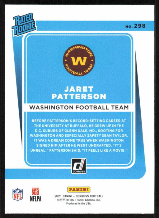 Jaret Patterson 2021 Donruss Football # 298 RC Washington Football Team Rated Rookie Base - Collectible Craze America