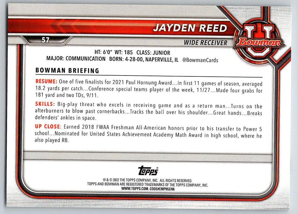 Jayden Reed 2021 Bowman University Football # 57 Michigan State Spartans 1st Bowman - Collectible Craze America