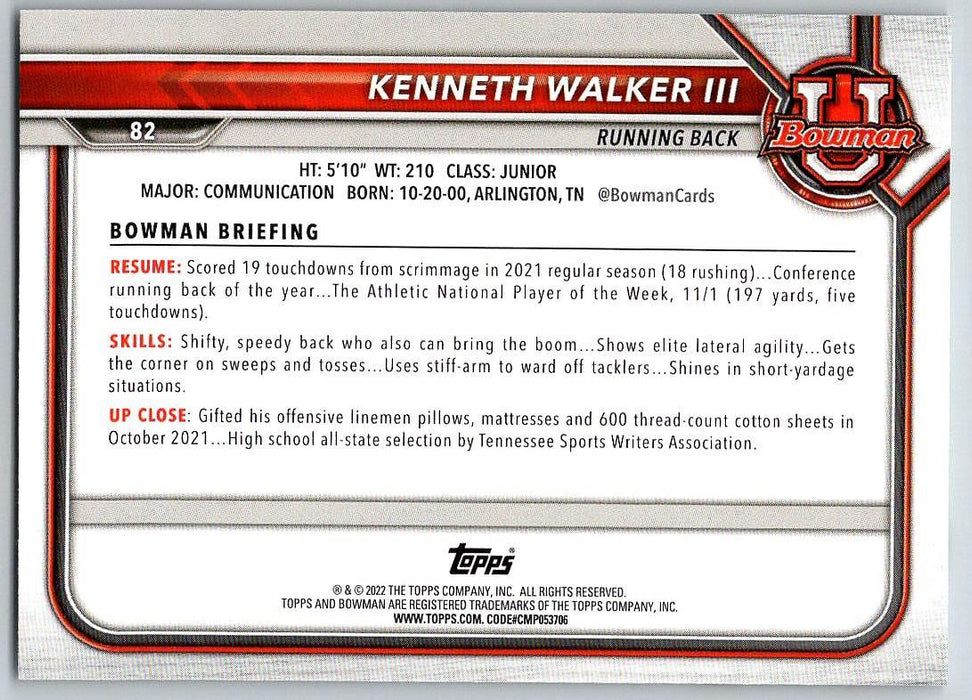Kenneth Walker III 2021 Bowman University Football # 82 Michigan State Spartans 1st Bowman - Collectible Craze America
