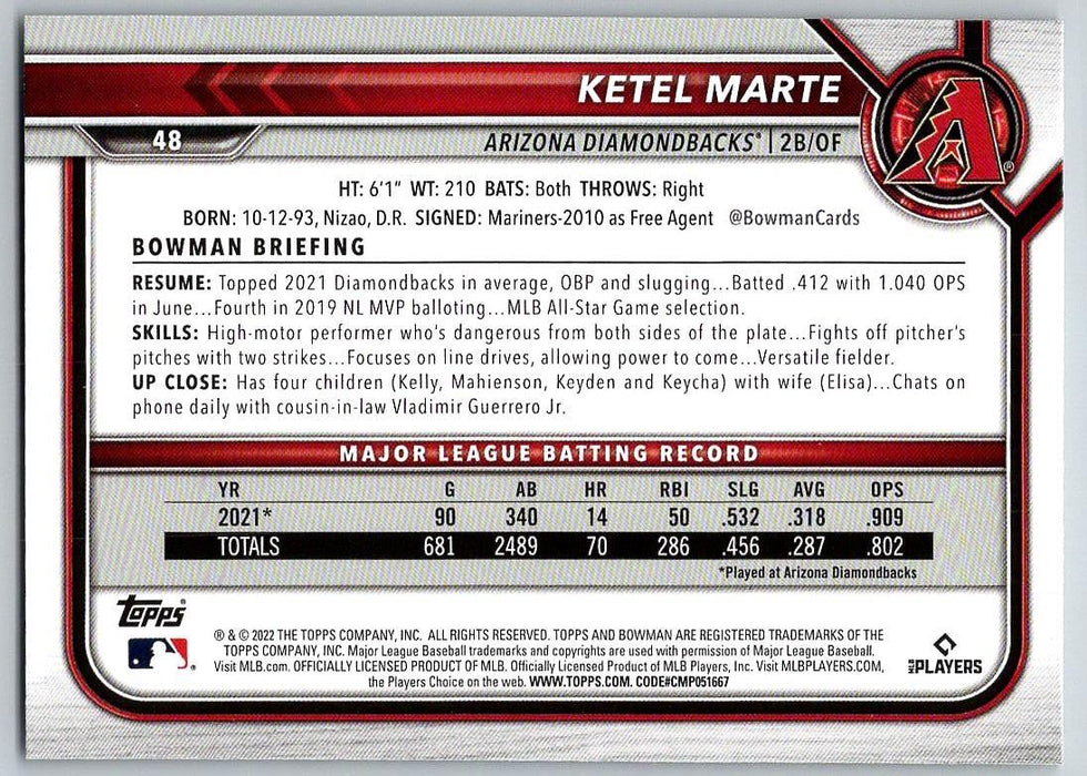 Ketel Marte 2022 Bowman # 48 Arizona Diamondbacks - Collectible Craze America