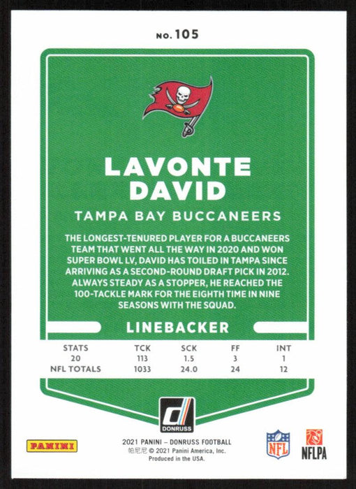 Lavonte David 2021 Donruss Football # 105 Tampa Bay Buccaneers Base - Collectible Craze America