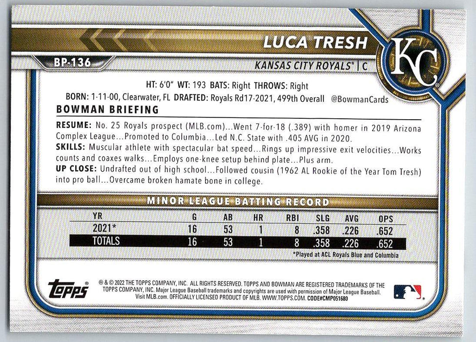 Luca Tresh 2022 Bowman Prospects # BP-136 1st Bowman Kansas City Royals - Collectible Craze America