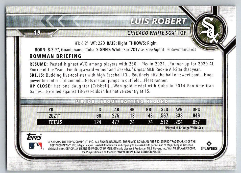 Luis Robert 2022 Bowman # 19 Chicago White Sox - Collectible Craze America