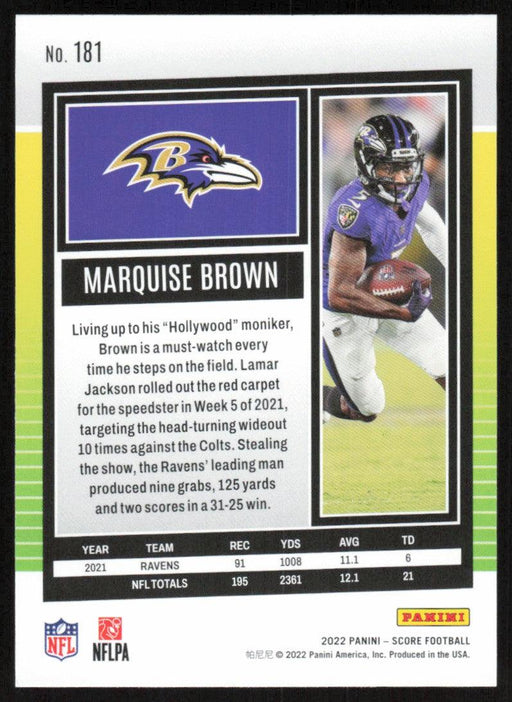 Marquise Brown 2022 Panini Score Football # 181 Base Baltimore Ravens - Collectible Craze America