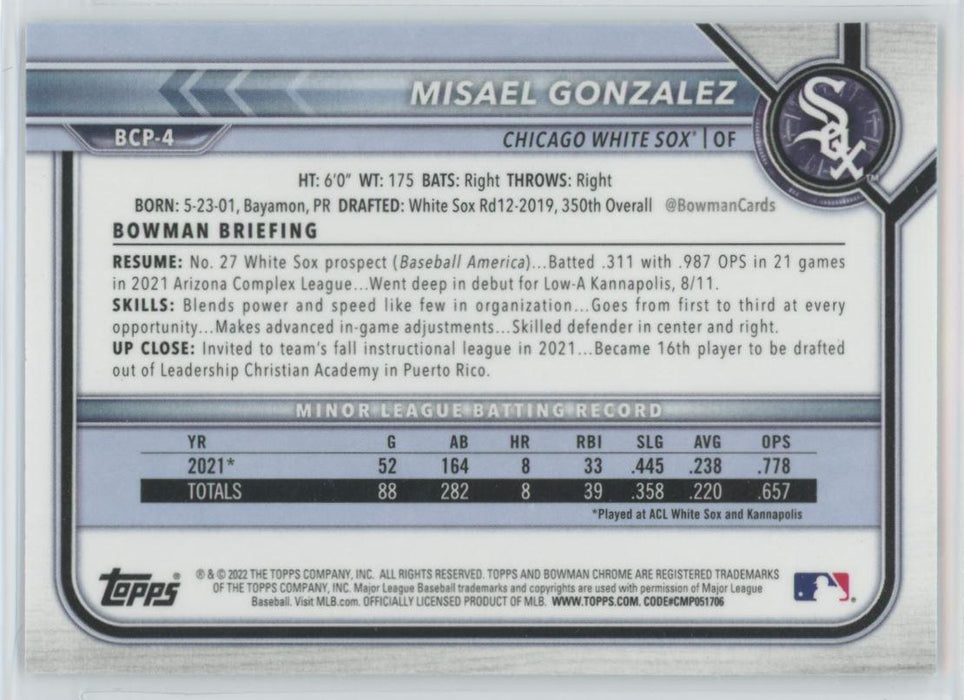 Misael Gonzalez 2022 Bowman Chrome Prospects # BCP-4 1st Bowman Chicago White Sox - Collectible Craze America