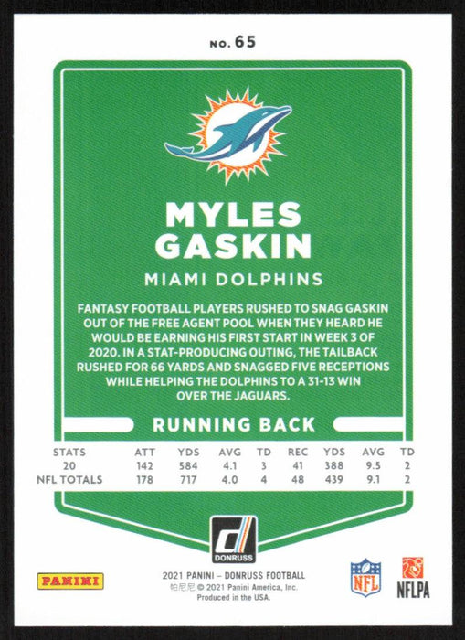 Myles Gaskin 2021 Donruss Football # 65 Miami Dolphins Base - Collectible Craze America
