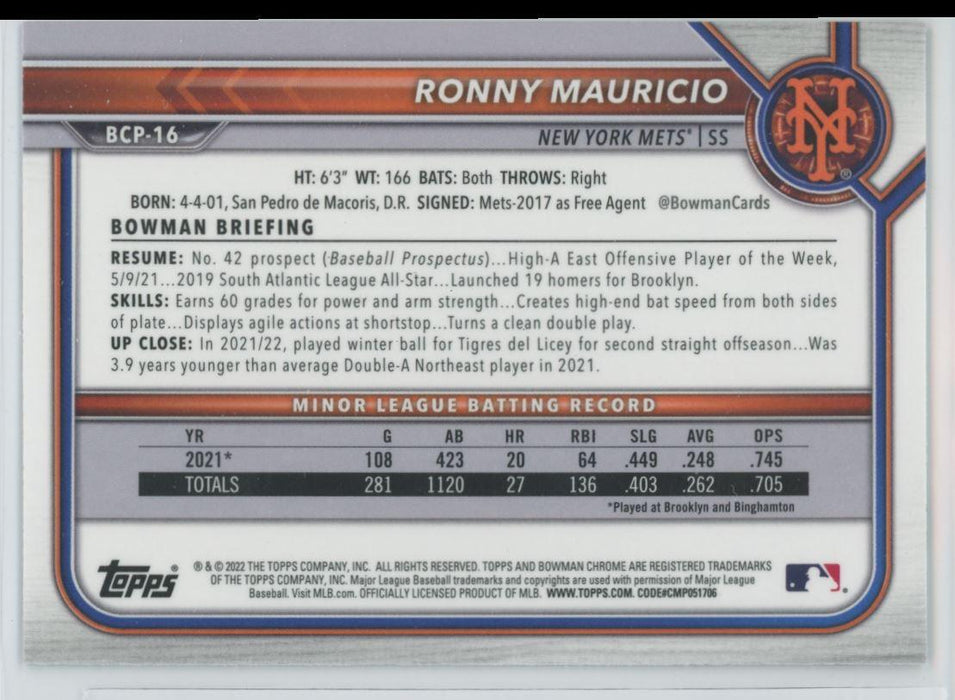 Ronny Mauricio 2022 Bowman Chrome Prospects # BCP-16 New York Mets - Collectible Craze America