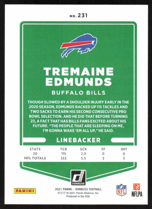 Tremaine Edmunds 2021 Donruss Football # 231 Buffalo Bills Base - Collectible Craze America