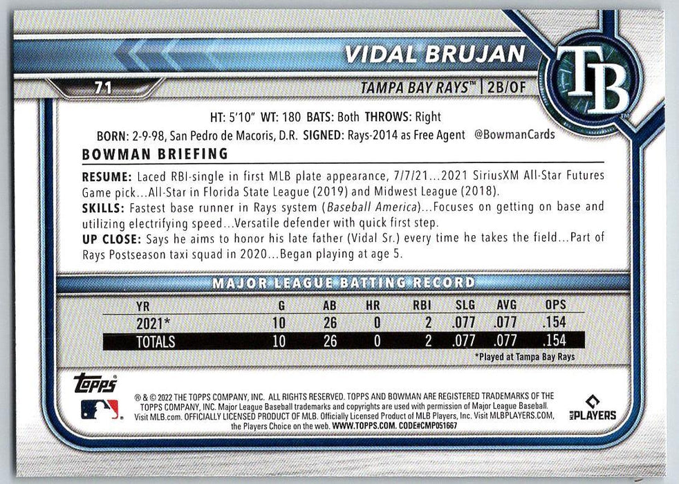 Vidal Brujan 2022 Bowman # 71 RC Tampa Bay Rays - Collectible Craze America