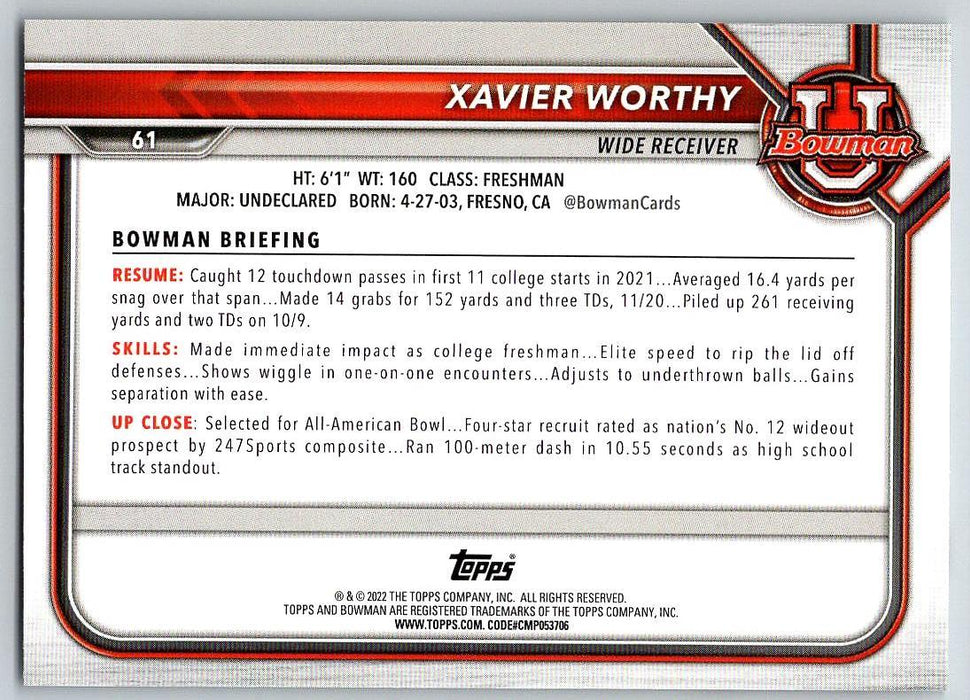 Xavier Worthy 2021 Bowman University Football # 61 Texas Longhorns 1st Bowman - Collectible Craze America